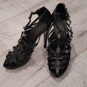 HERMES black leather strappy heels